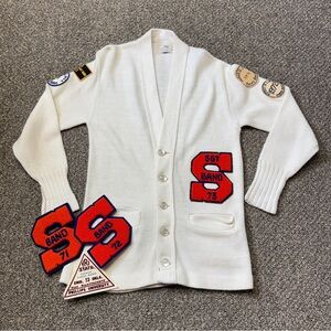 Vintage 70s Letterman Varsity Cardigan Adult M/L Honor Band Ivory Patches